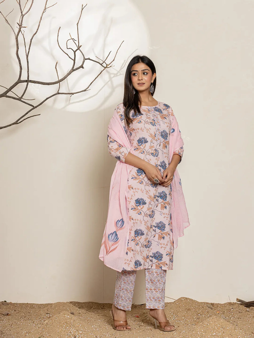 Yufta Pink Cotton Floral Print Kurta Dupatta Set