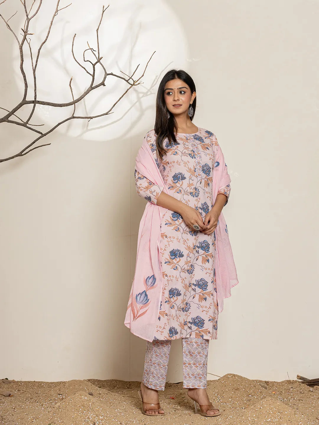 Yufta Pink Cotton Floral Print Kurta Dupatta Set