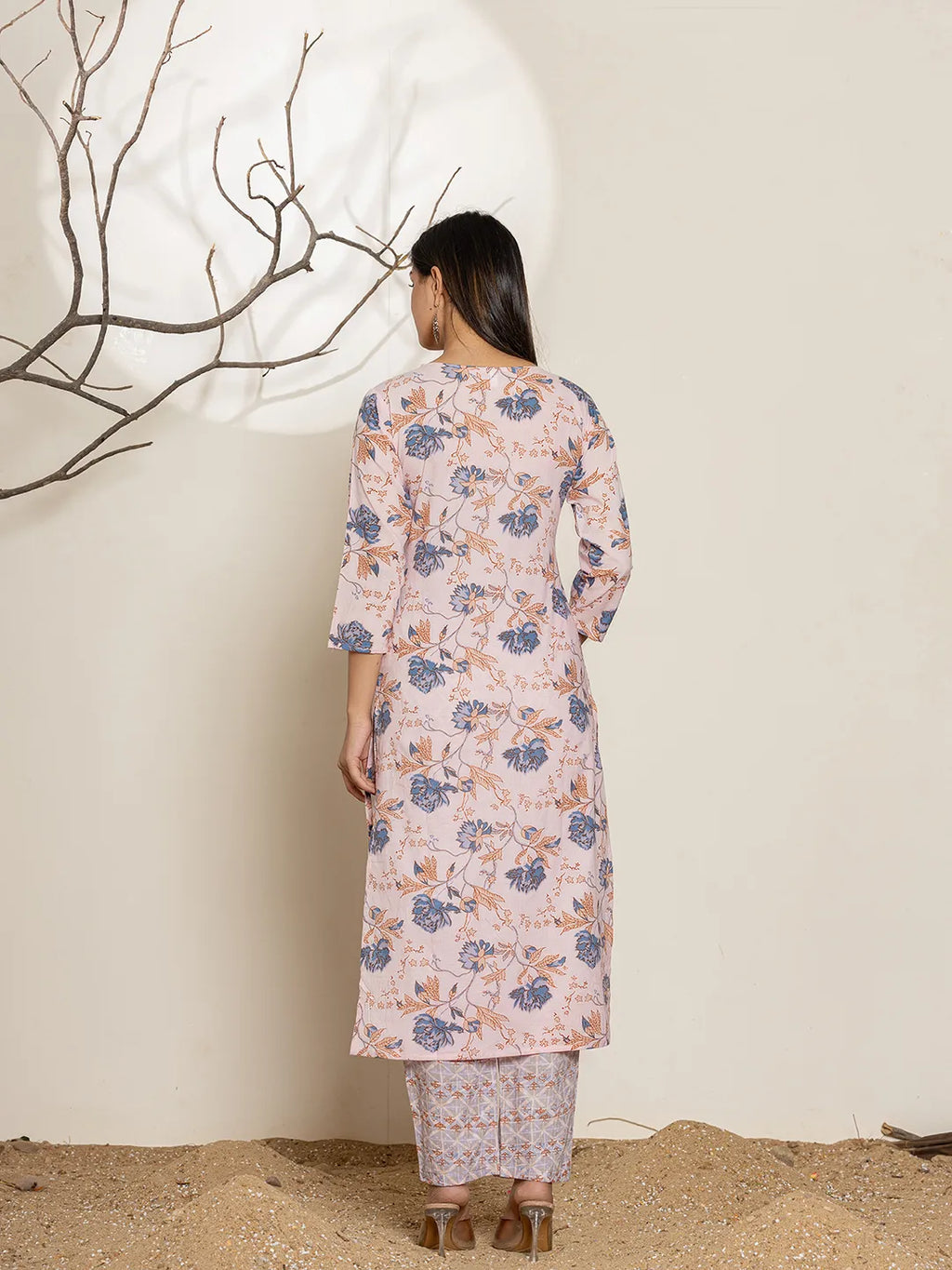 Yufta Pink Cotton Floral Print Kurta Dupatta Set