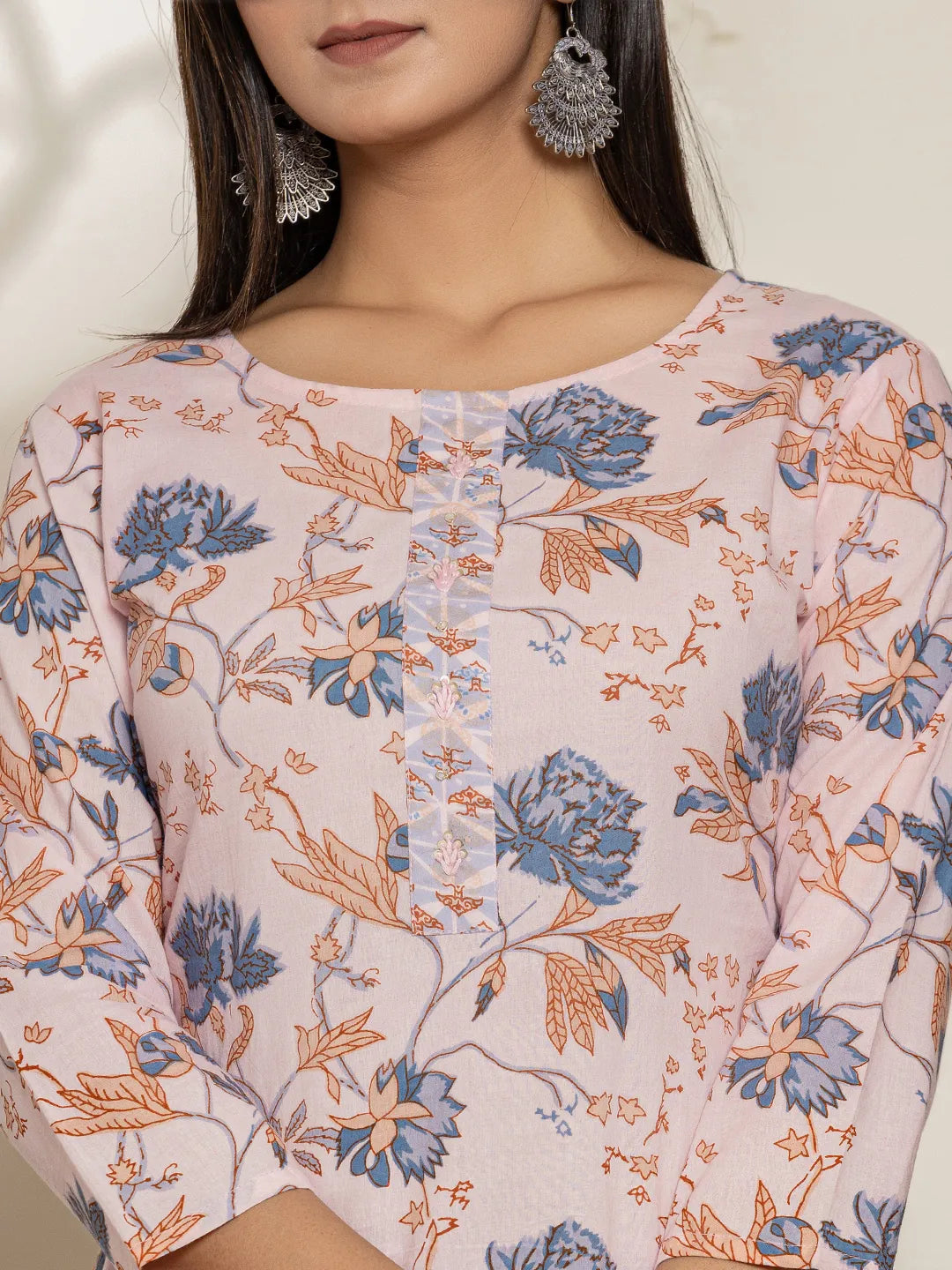Yufta Pink Cotton Floral Print Kurta Dupatta Set