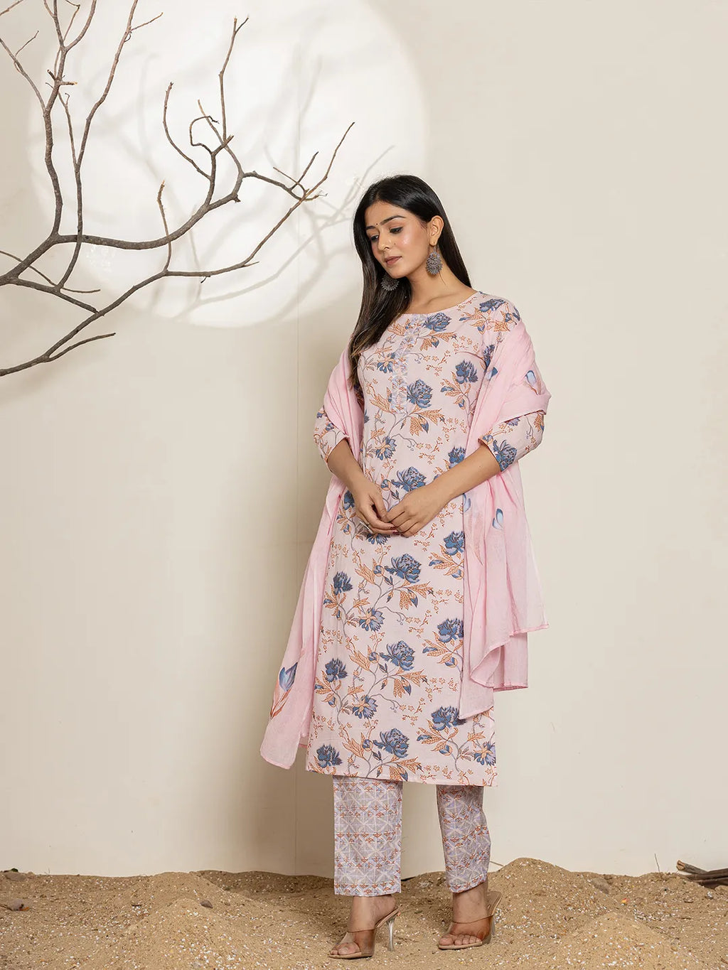 Yufta Pink Cotton Floral Print Kurta Dupatta Set
