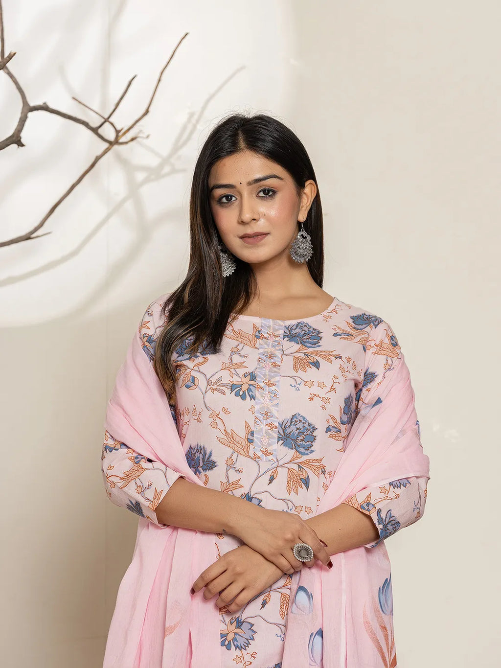 Yufta Pink Cotton Floral Print Kurta Dupatta Set