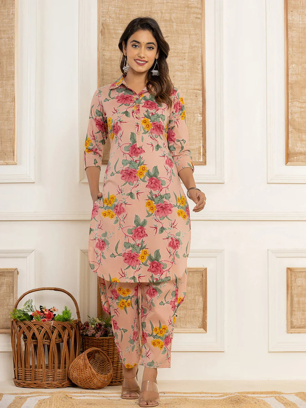Yufta Pink Cotton Floral Print Striped Print Co-Ord Set