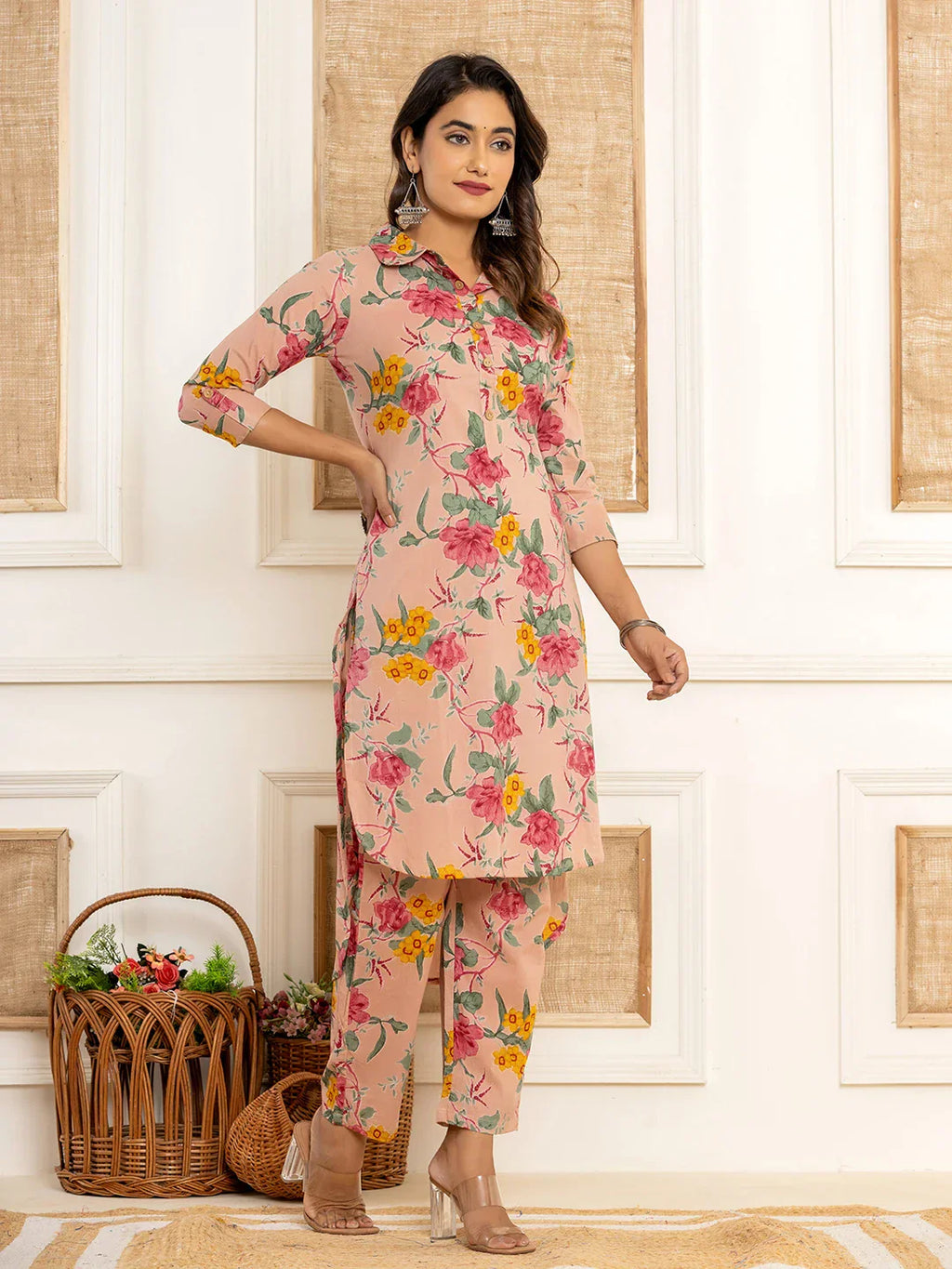 Yufta Pink Cotton Floral Print Striped Print Co-Ord Set