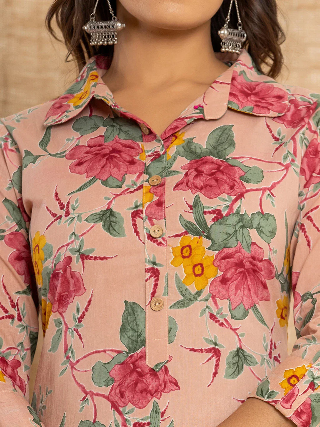 Yufta Pink Cotton Floral Print Striped Print Co-Ord Set