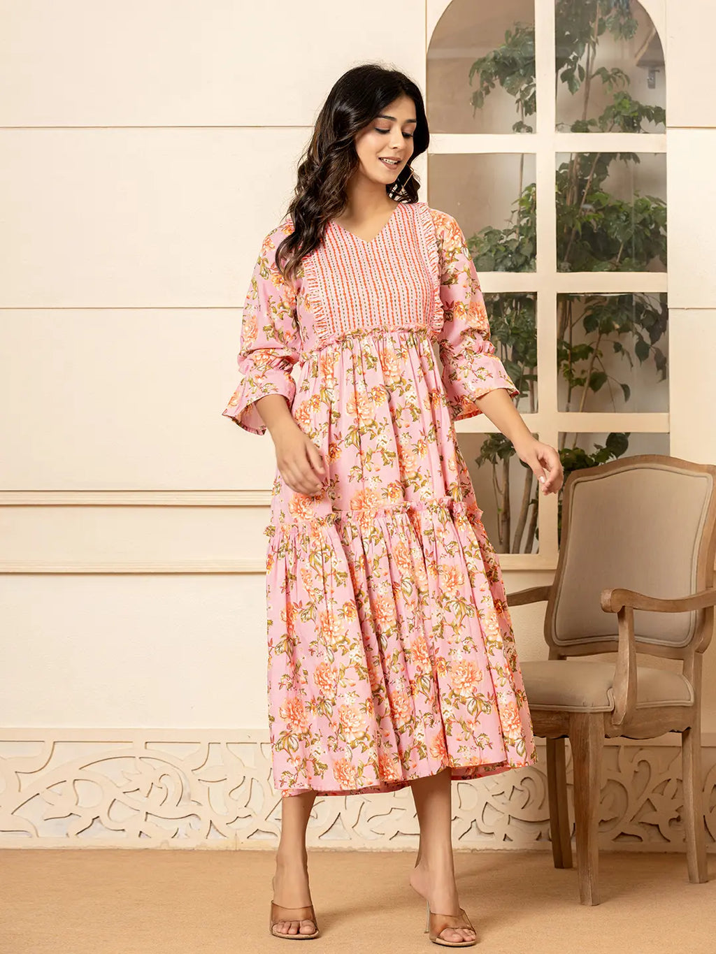Yufta Pink Cotton Floral Print Tiered Dress With Ruffles