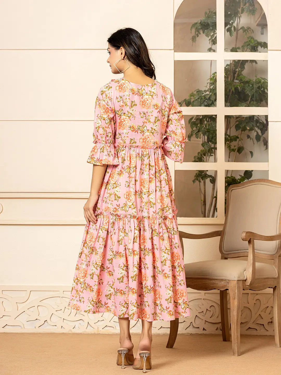 Yufta Pink Cotton Floral Print Tiered Dress With Ruffles