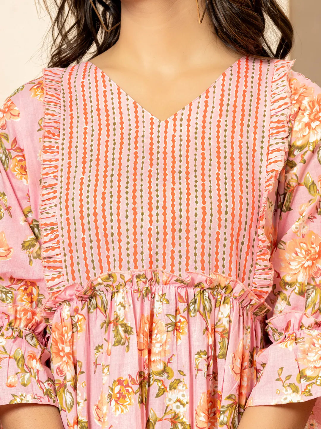 Yufta Pink Cotton Floral Print Tiered Dress With Ruffles