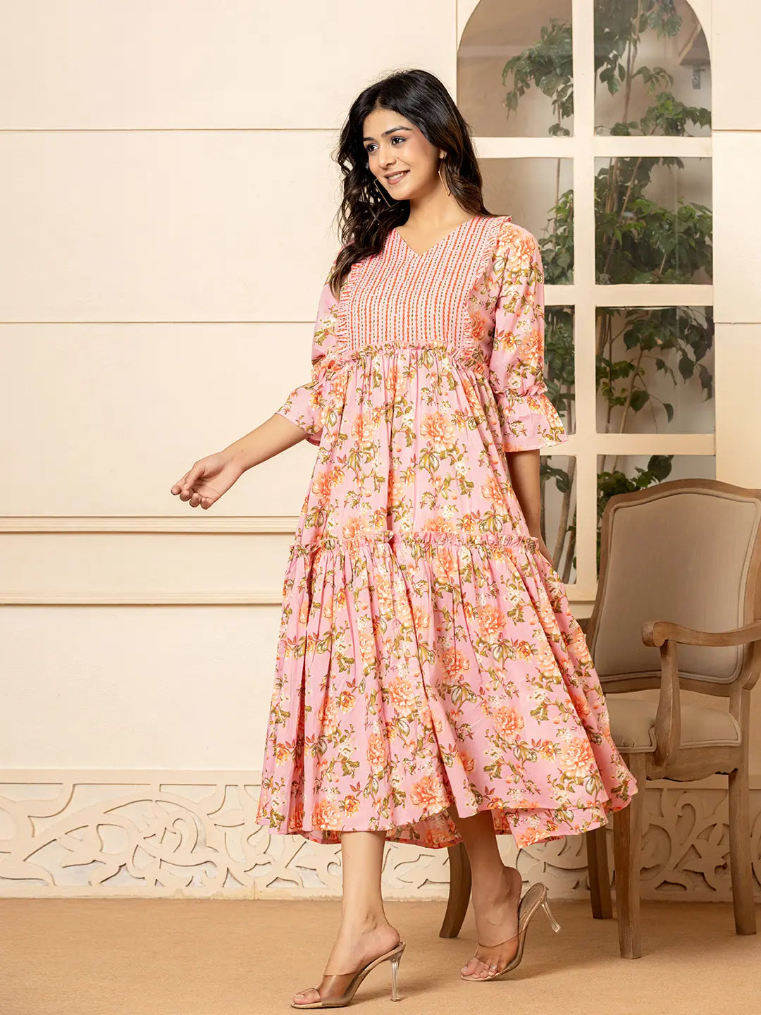 Yufta Pink Cotton Floral Print Tiered Dress With Ruffles