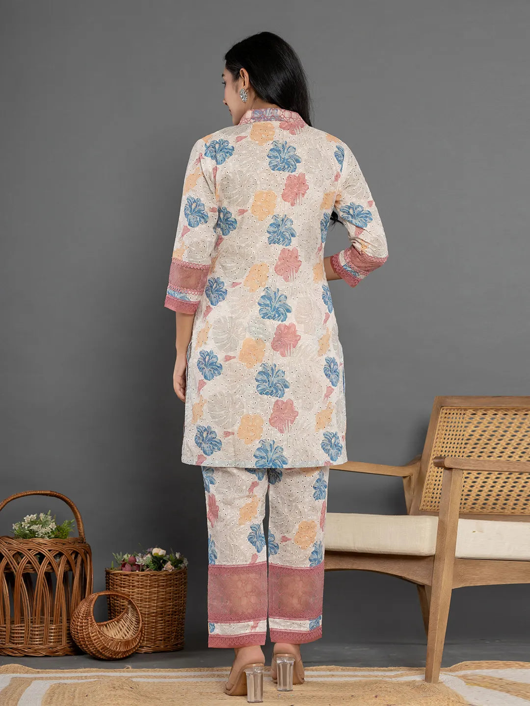 Yufta Pink Cotton Schiffli Co-Ord Set With Lace Detailing