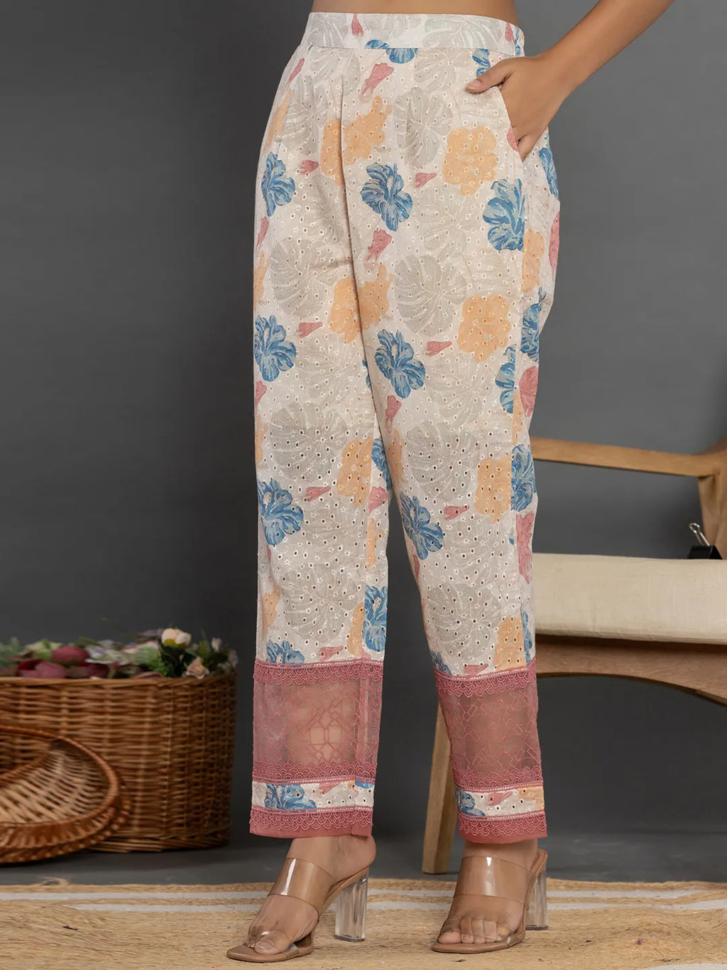 Yufta Pink Cotton Schiffli Co-Ord Set With Lace Detailing