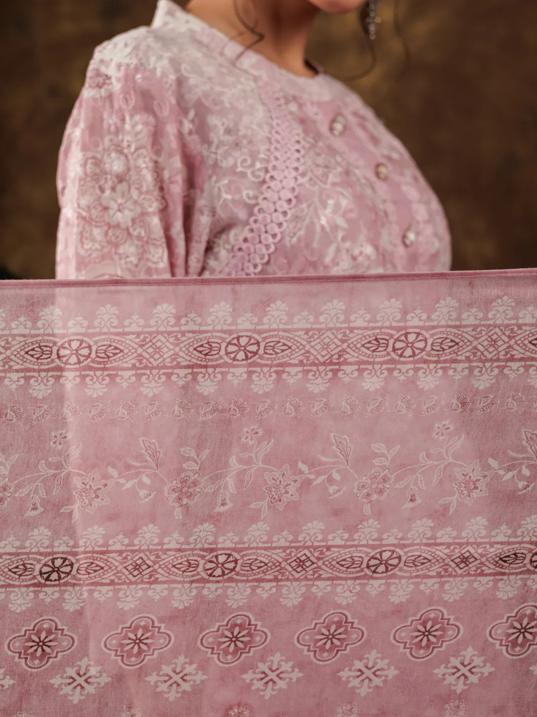 Yufta Pink Cotton Schiffli Kurta Dupatta Set With Lace Detailing