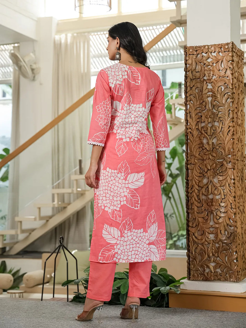 Yufta Pink Cotton Straight Lace Wor Kurta Dupatta Set