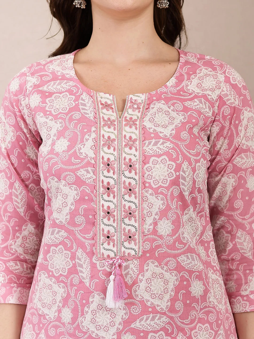 Yufta Pink Ethnic Motifs Print Straight Kurta Trouser Dupatta Set