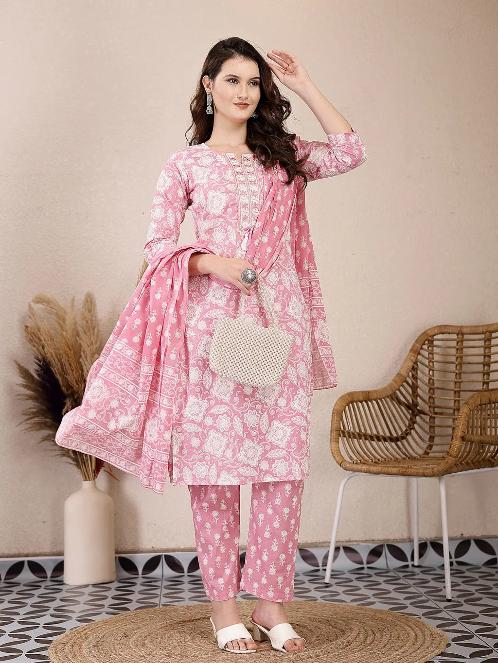 Yufta Pink Ethnic Motifs Print Straight Kurta Trouser Dupatta Set