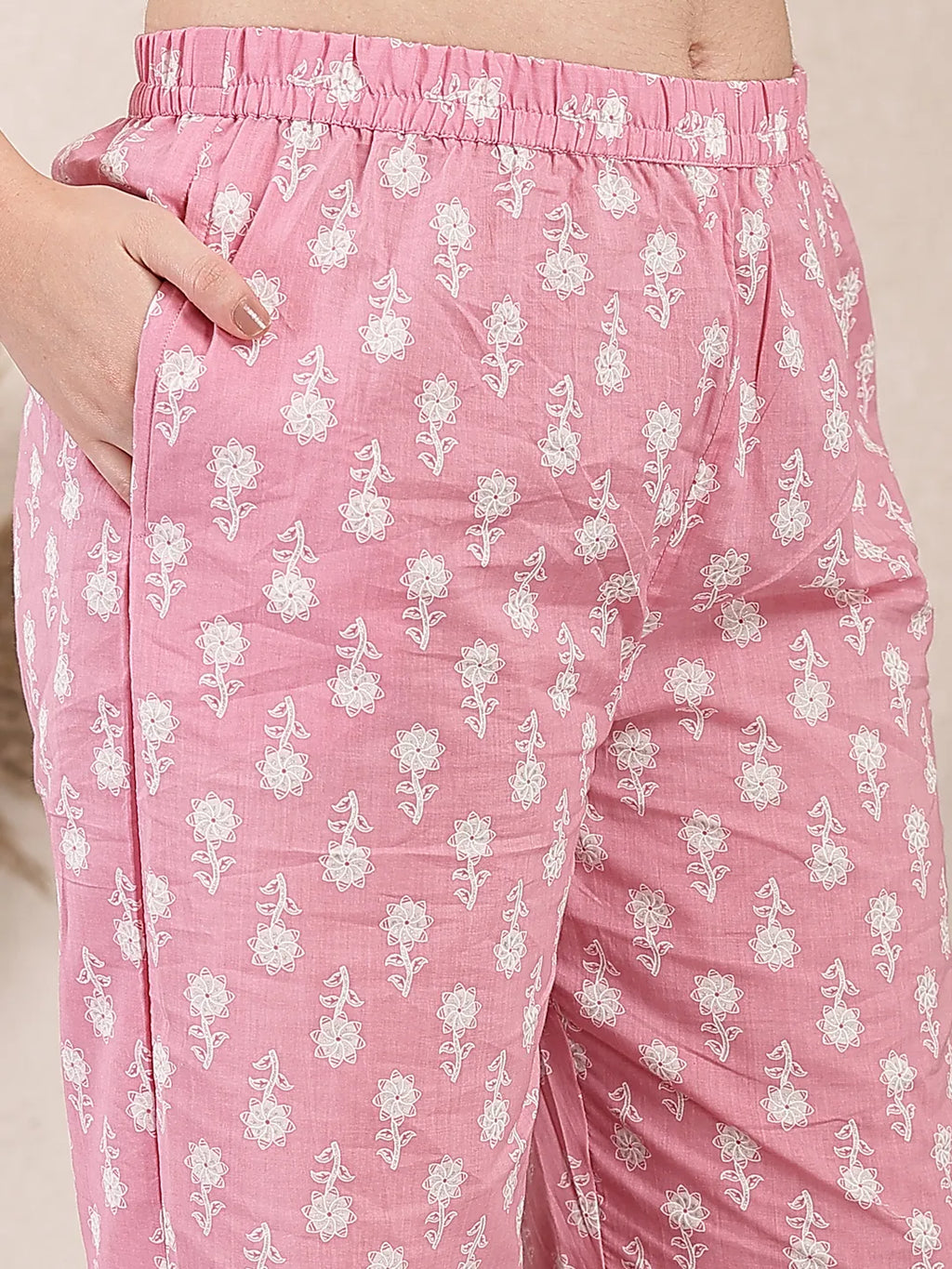 Yufta Pink Ethnic Motifs Print Straight Kurta Trouser Dupatta Set