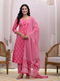 Yufta Pink Floral Cotton A-Line Suit Set