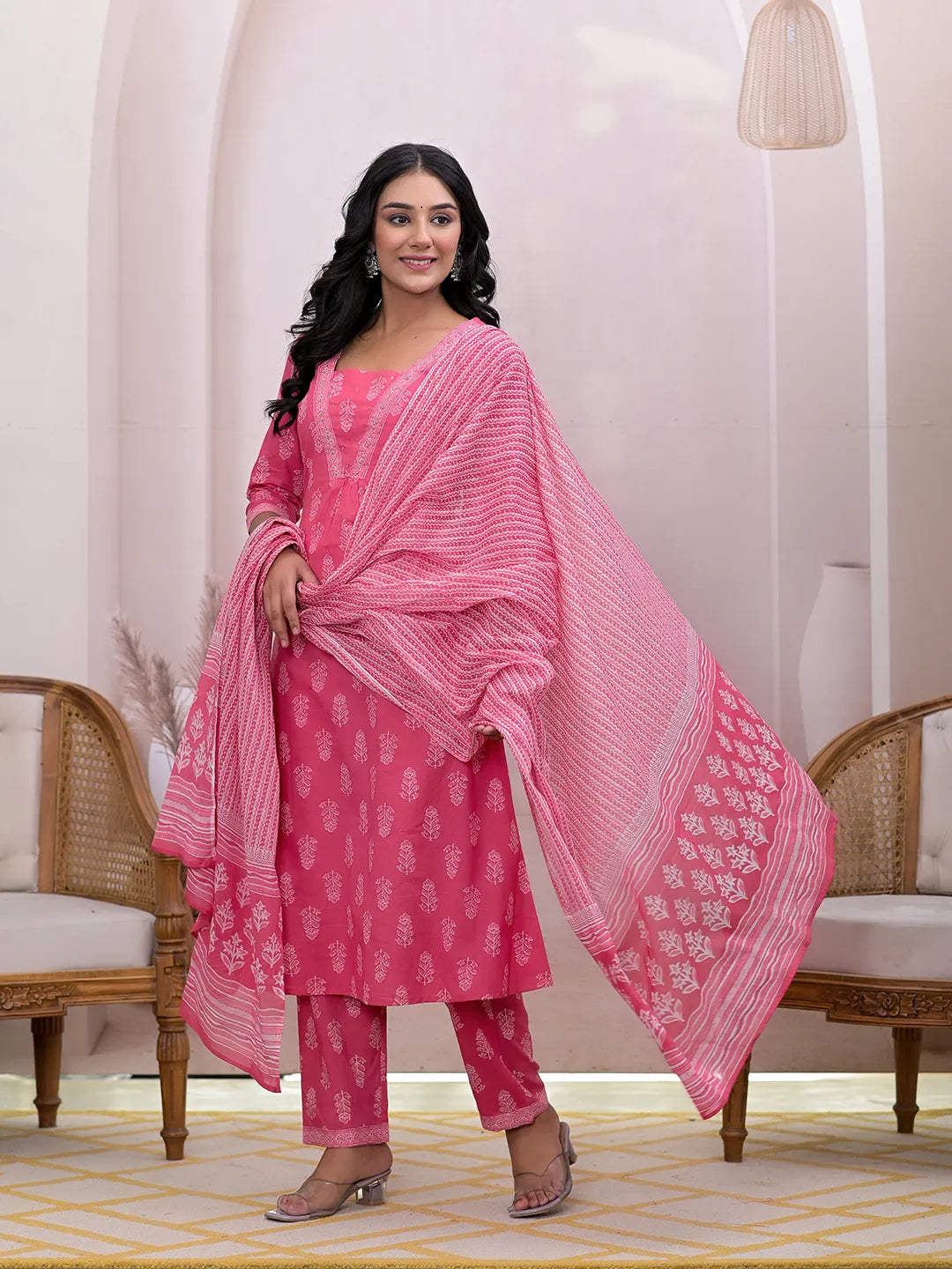 Yufta Pink Floral Cotton A-Line Suit Set