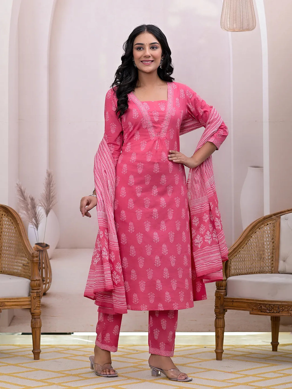 Yufta Pink Floral Cotton A-Line Suit Set