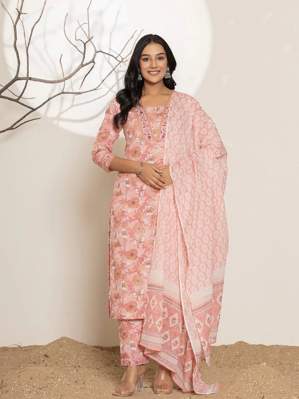 Yufta Pink Floral Print Cotton Straight Kurta Dupatta Set
