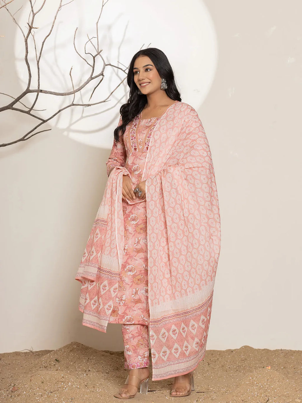 Yufta Pink Floral Print Cotton Straight Kurta Dupatta Set