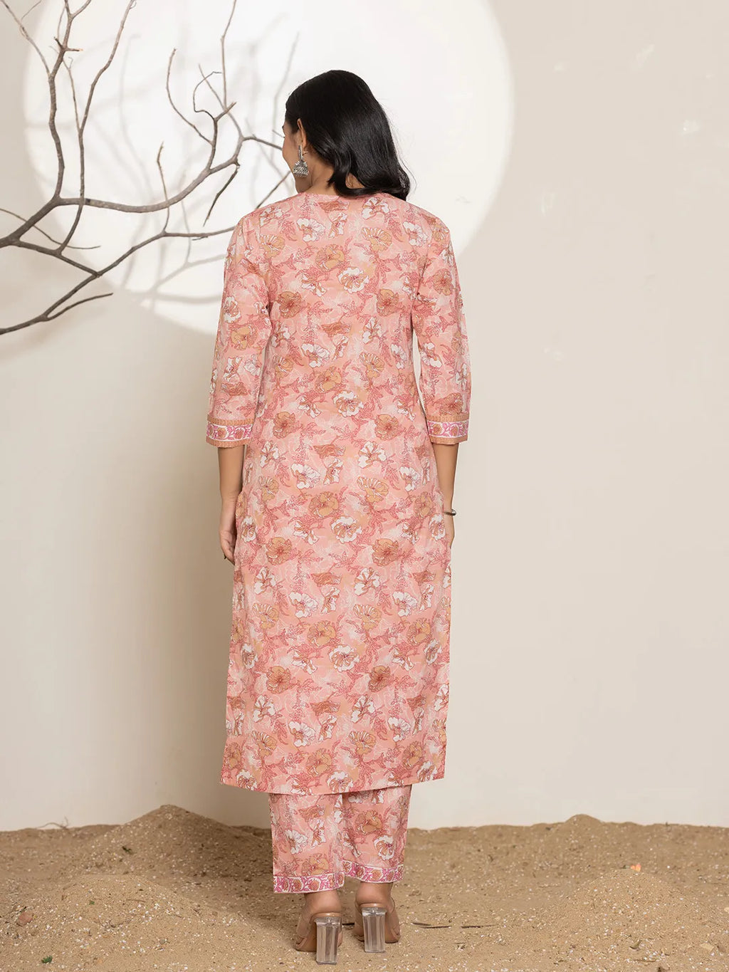 Yufta Pink Floral Print Cotton Straight Kurta Dupatta Set