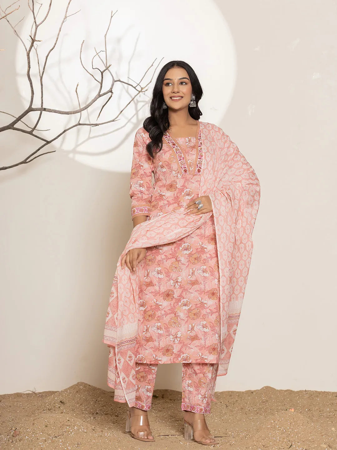 Yufta Pink Floral Print Cotton Straight Kurta Dupatta Set