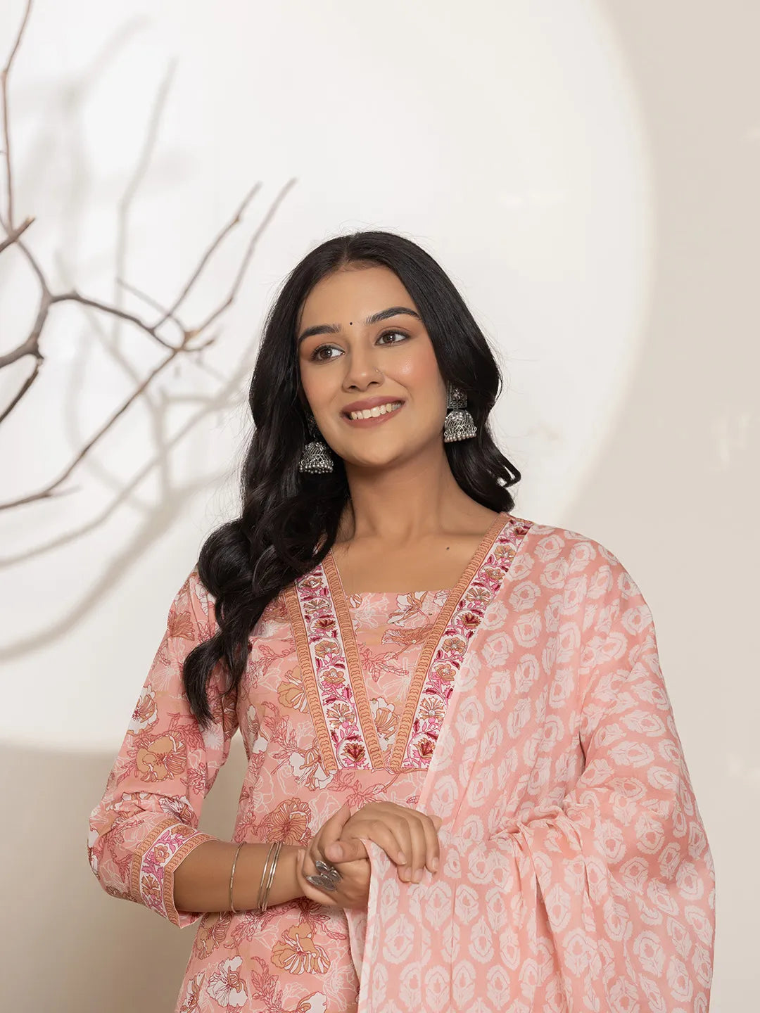 Yufta Pink Floral Print Cotton Straight Kurta Dupatta Set