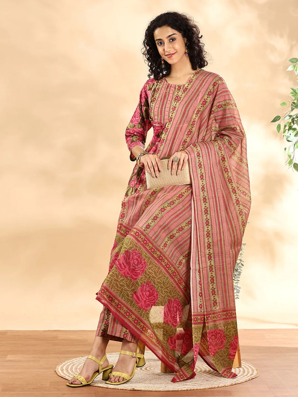 Yufta Pink Floral Print Sequins Work Anarkali Kurta And Trouser With Dupatta Set