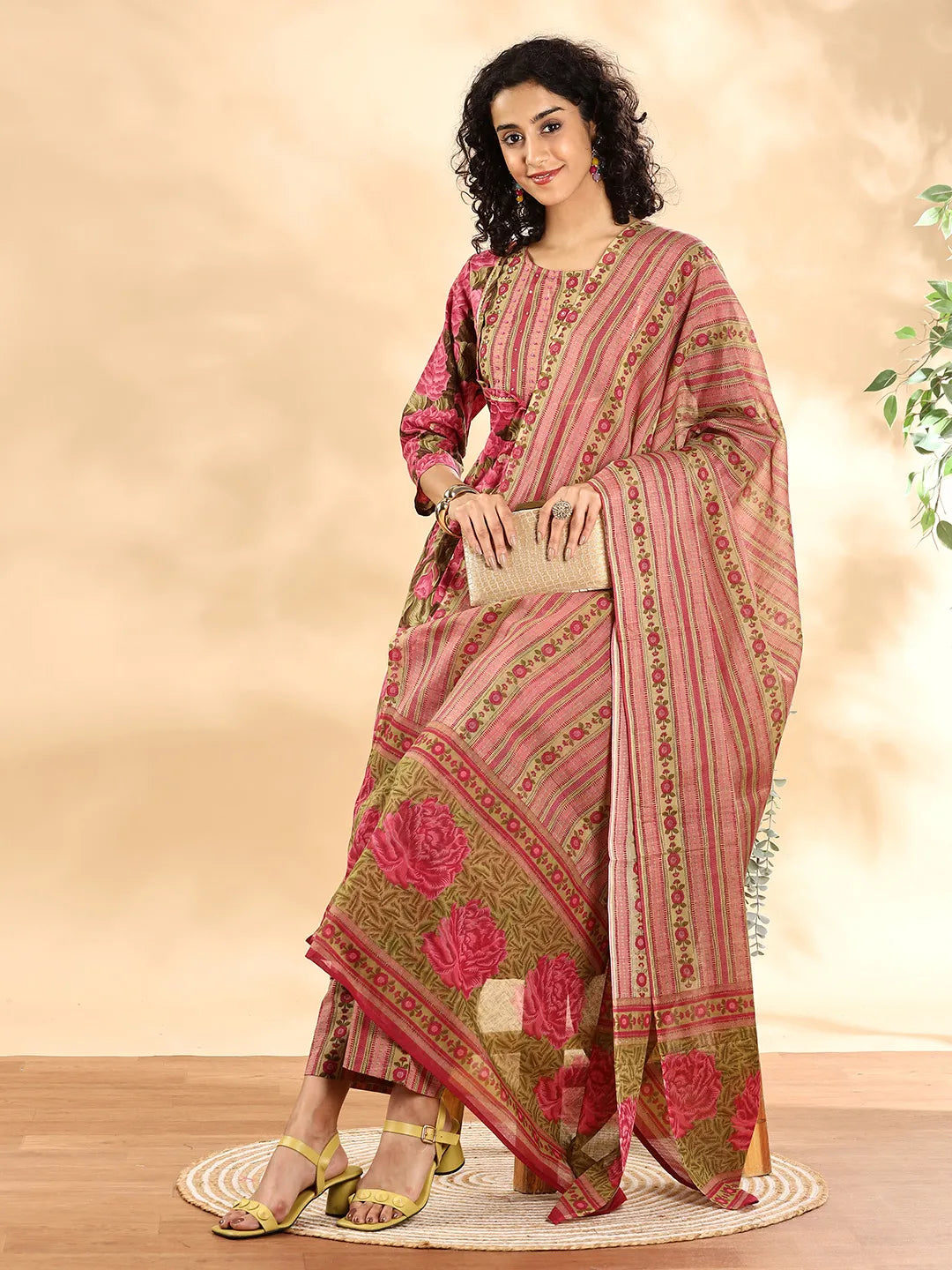 Yufta Pink Floral Print Sequins Work Anarkali Kurta And Trouser With Dupatta Set