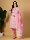 Yufta Pink Floral Print Straight Kurta Trouser Dupatta Set