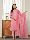 Yufta Pink Floral Thread Work Straight Kurta Trouser Dupatta Set