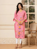 Yufta Pink Hand Painted Straight Kurta