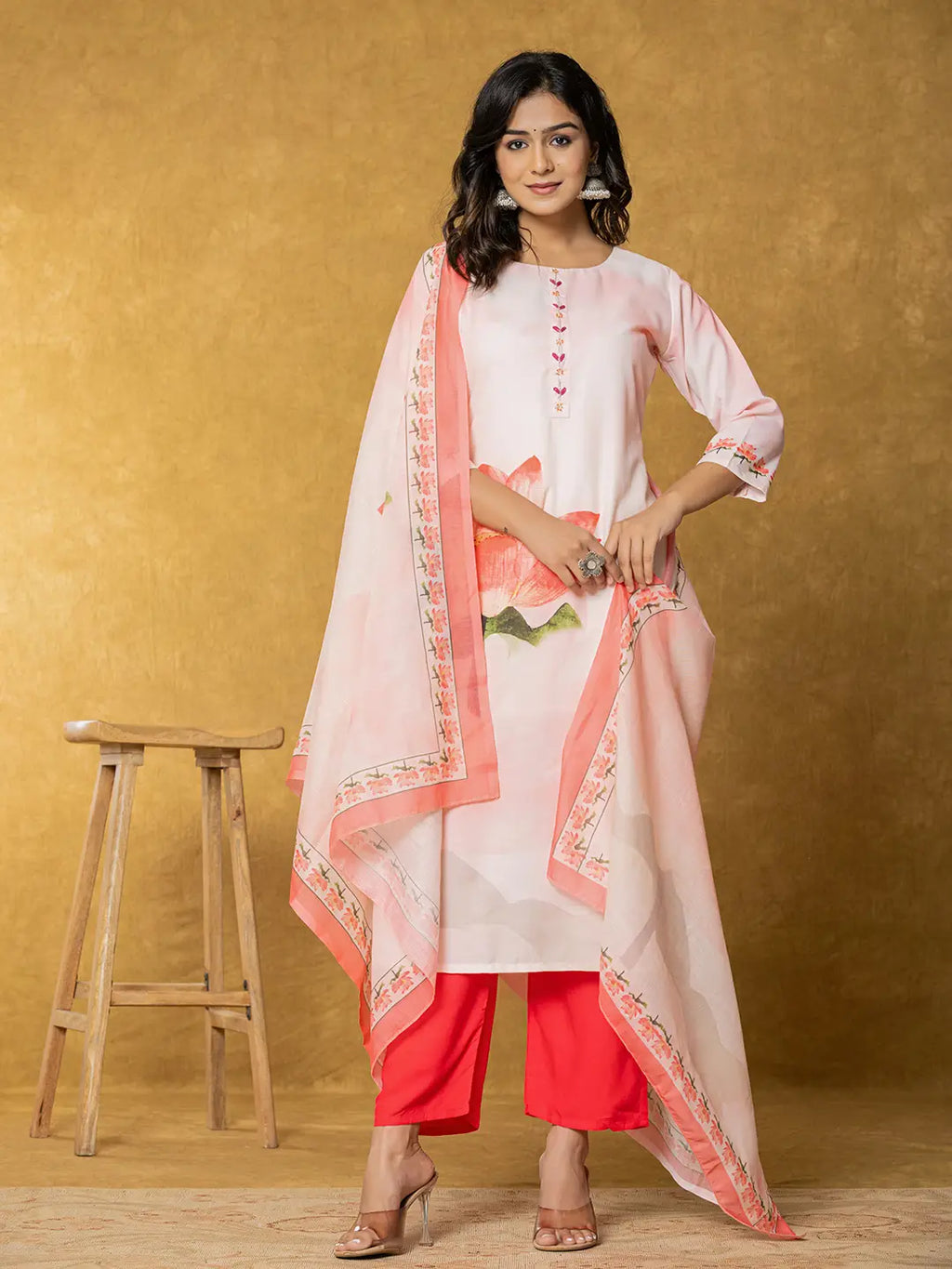 Yufta Pink Linen Kurta Dupatta Pant Set
