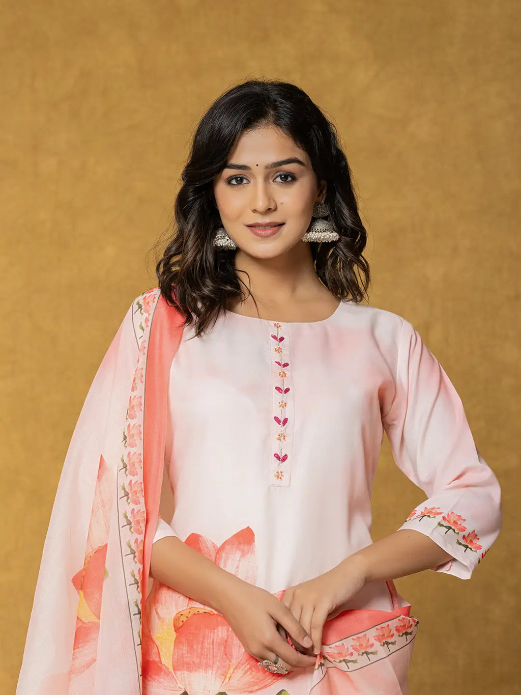 Yufta Pink Linen Kurta Dupatta Pant Set