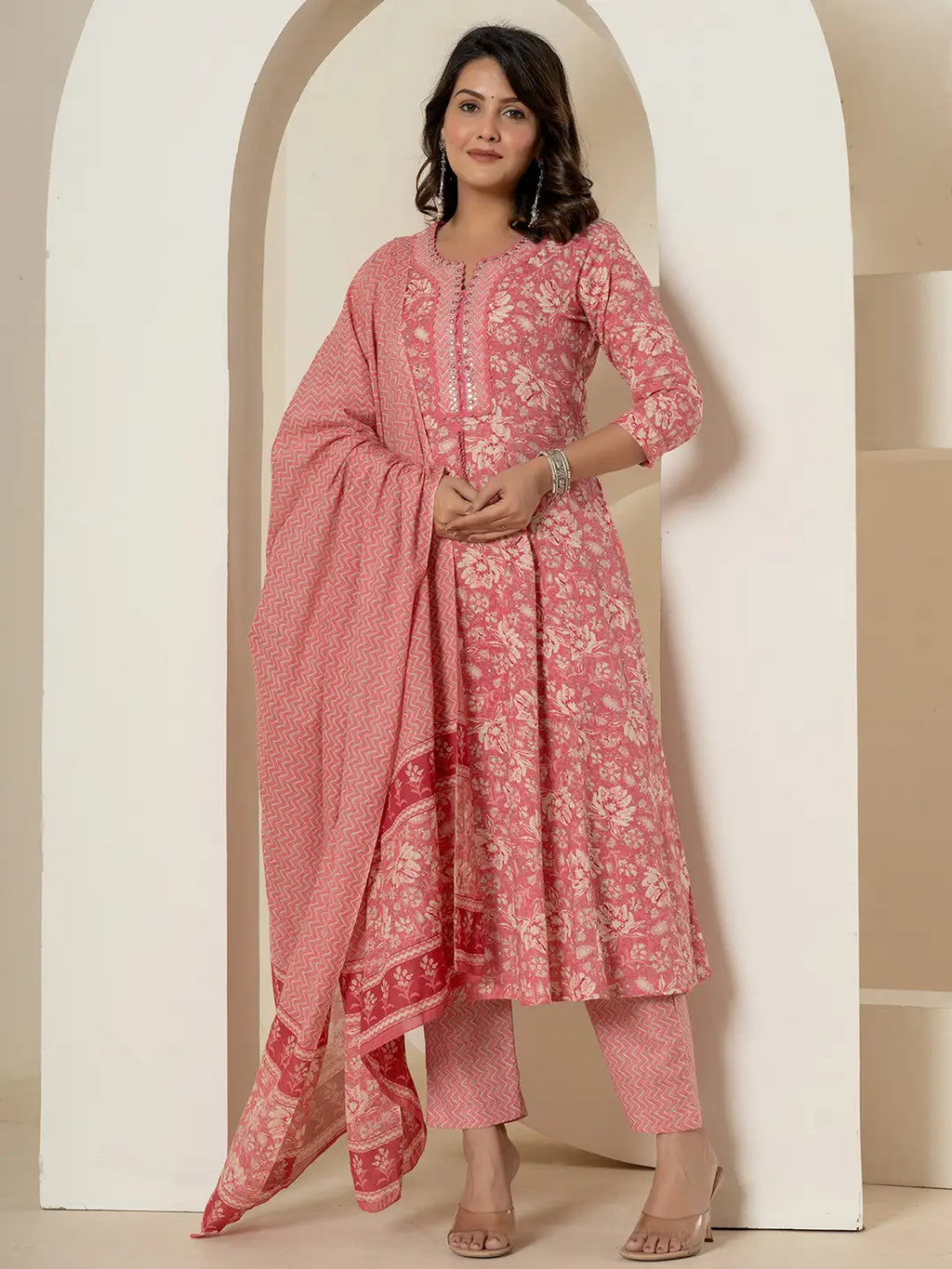 Yufta Pink Mirror_Work Cotton Anarkali Kurta Duppta Set