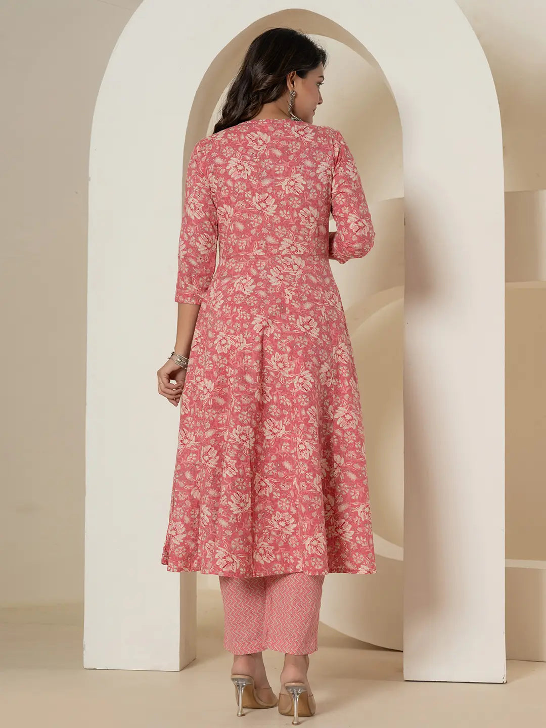 Yufta Pink Mirror_Work Cotton Anarkali Kurta Duppta Set