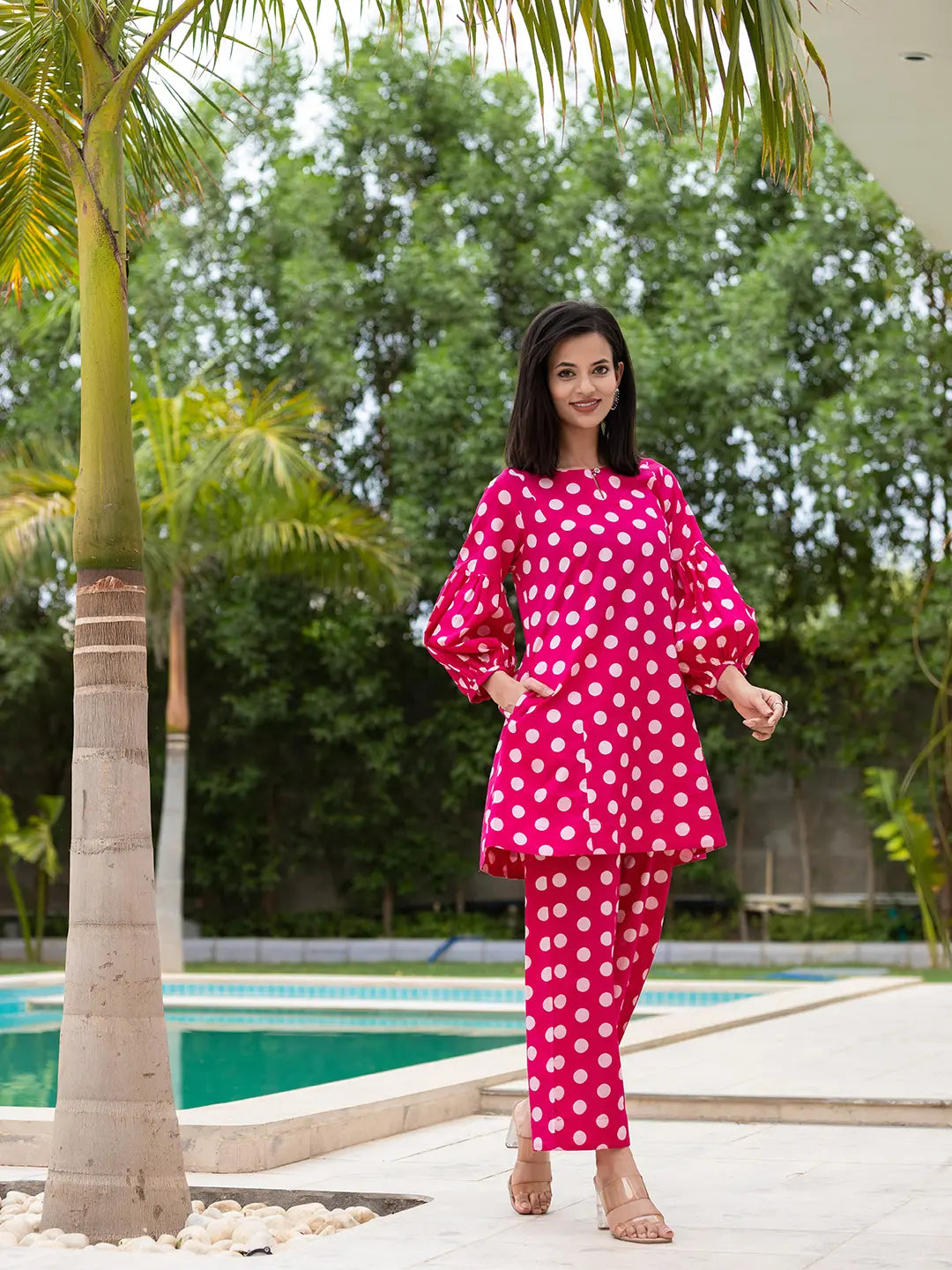 Yufta Pink Polka Dot Print Top And Trouser Co Ord Set