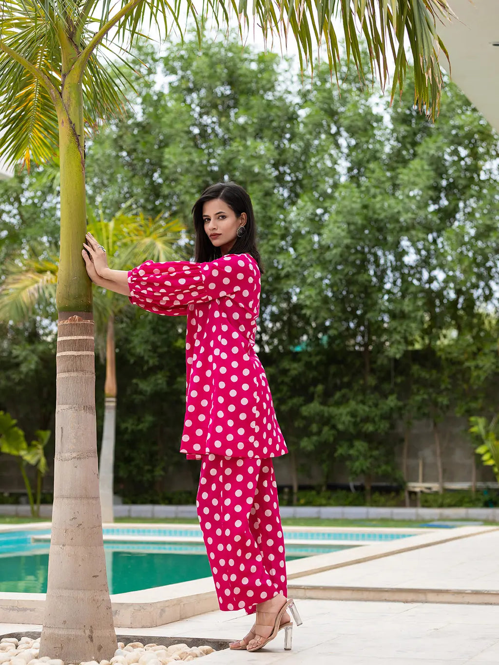 Yufta Pink Polka Dot Print Top And Trouser Co Ord Set