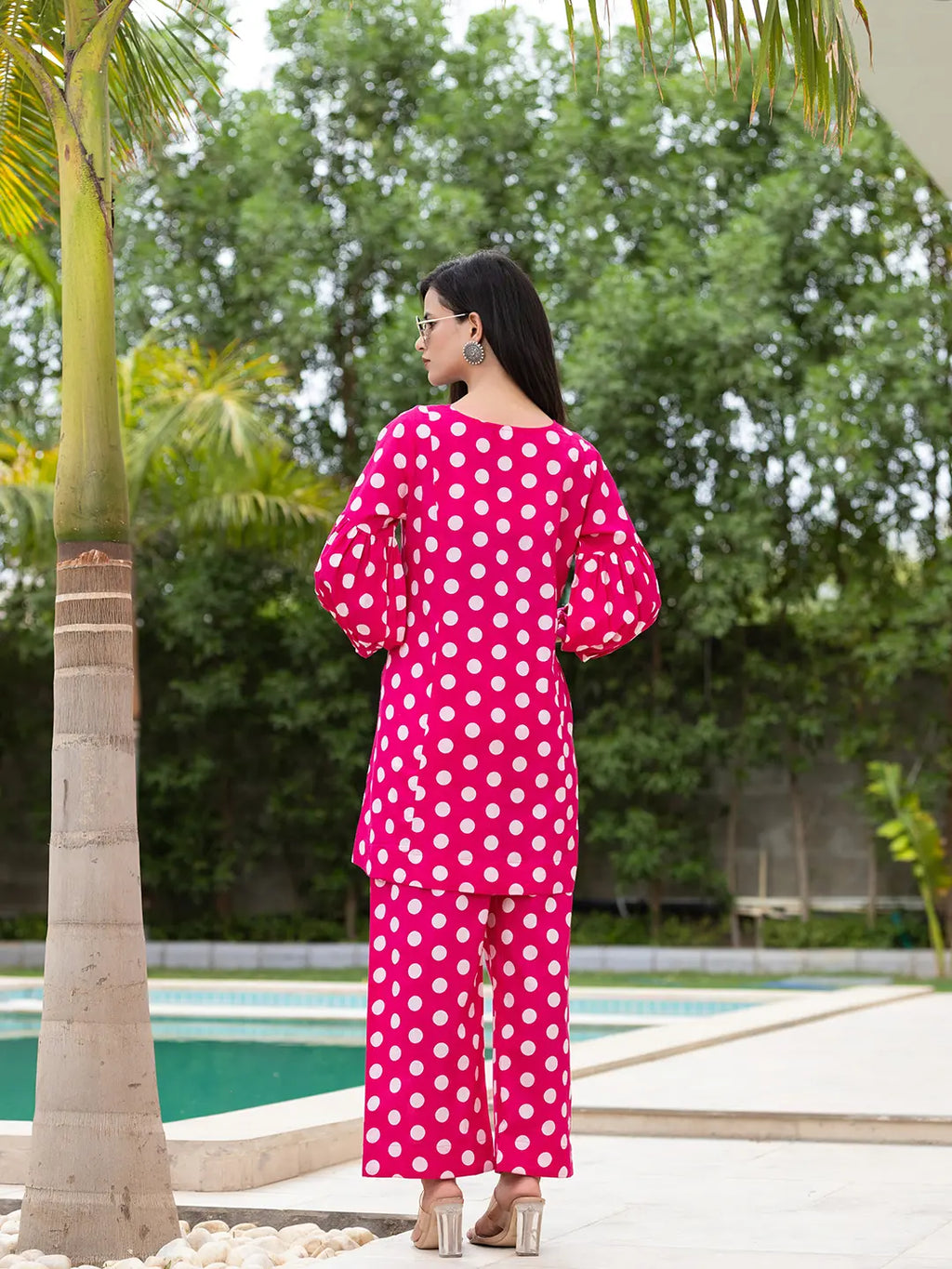 Yufta Pink Polka Dot Print Top And Trouser Co Ord Set