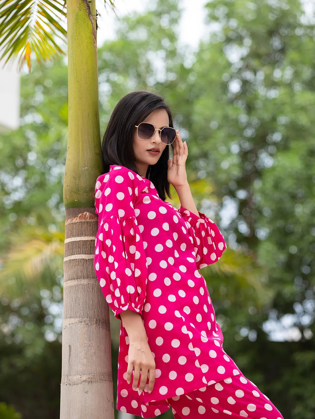 Yufta Pink Polka Dot Print Top And Trouser Co Ord Set