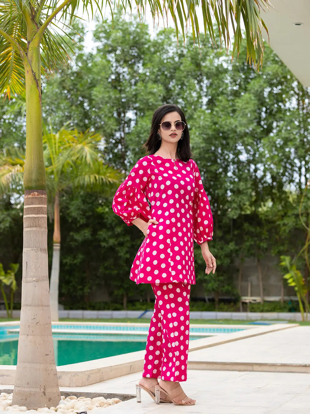 Yufta Pink Polka Dot Print Top And Trouser Co Ord Set