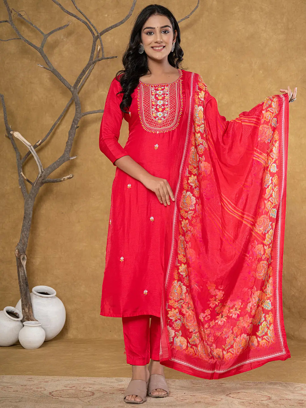 Yufta Pink Silk Beads And Stones,Sequins_Work Kurta Dupatta Set