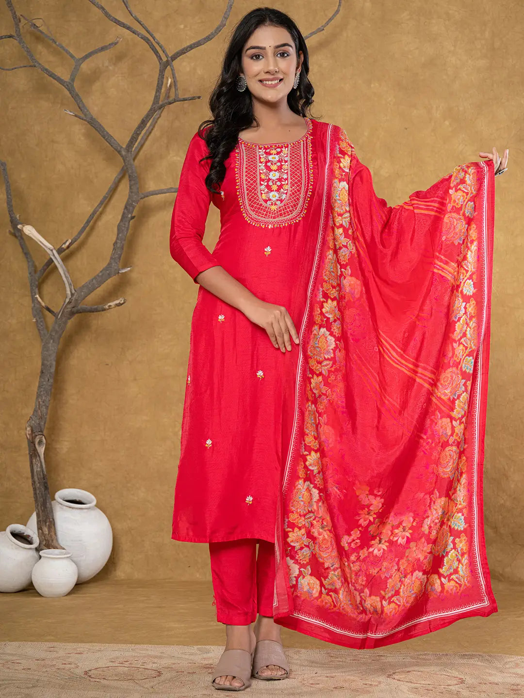 Yufta Pink Silk Beads And Stones,Sequins_Work Kurta Dupatta Set