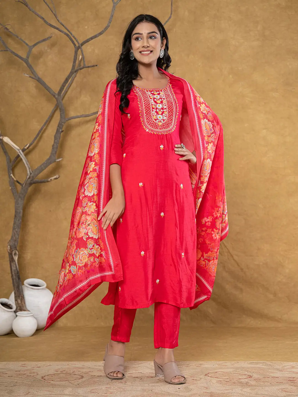 Yufta Pink Silk Beads And Stones,Sequins_Work Kurta Dupatta Set