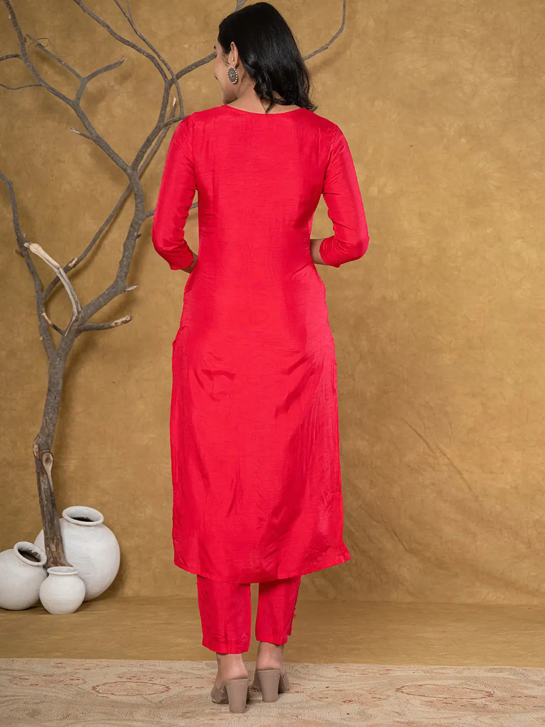 Yufta Pink Silk Beads And Stones,Sequins_Work Kurta Dupatta Set