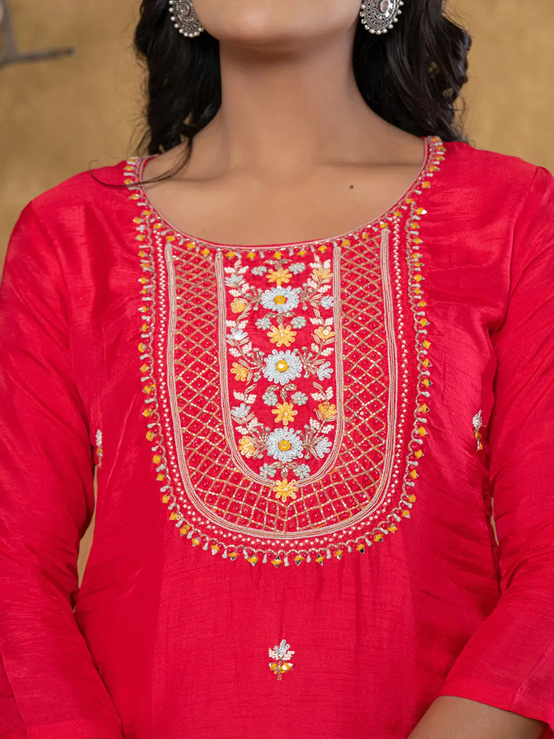 Yufta Pink Silk Beads And Stones,Sequins_Work Kurta Dupatta Set