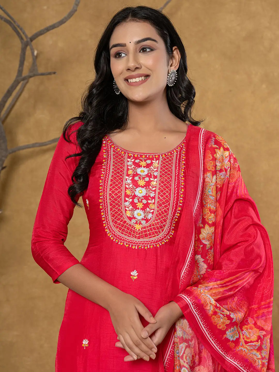 Yufta Pink Silk Beads And Stones,Sequins_Work Kurta Dupatta Set
