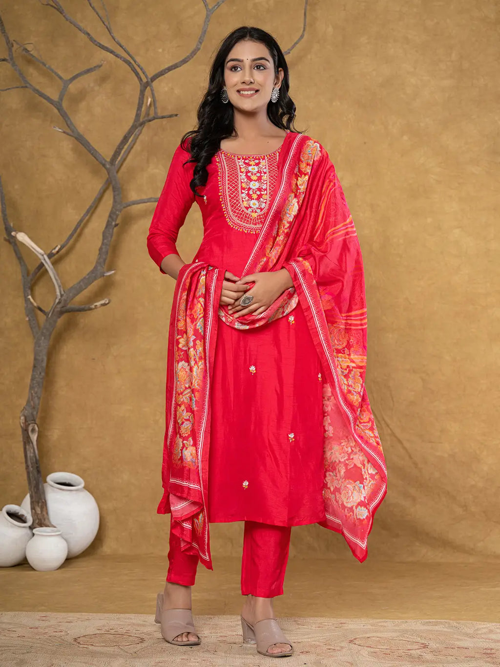 Yufta Pink Silk Beads And Stones,Sequins_Work Kurta Dupatta Set