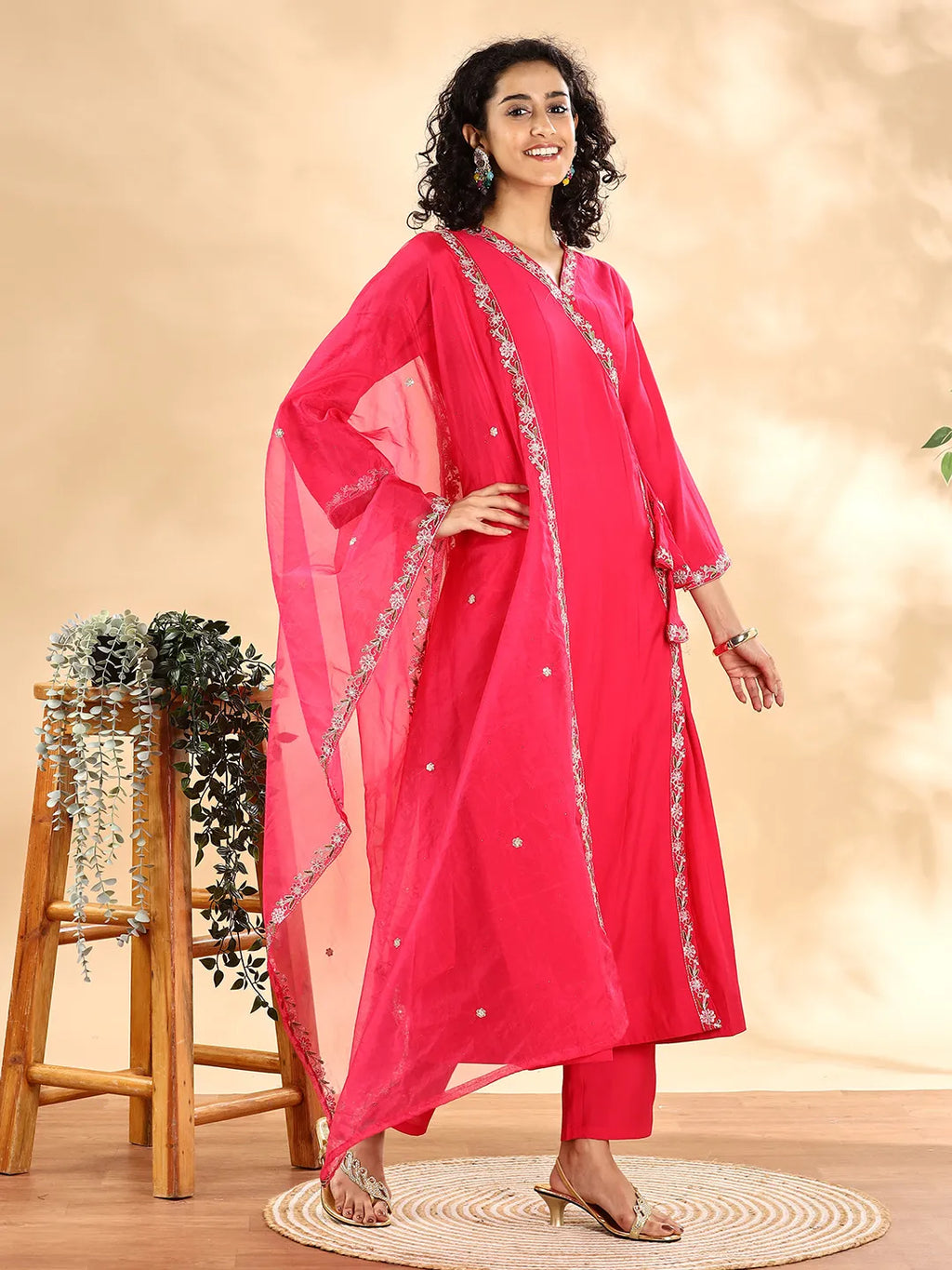 Yufta Pink Silk Embroidered Angrakha Kurta Pant Set With Organza Dupatta Set
